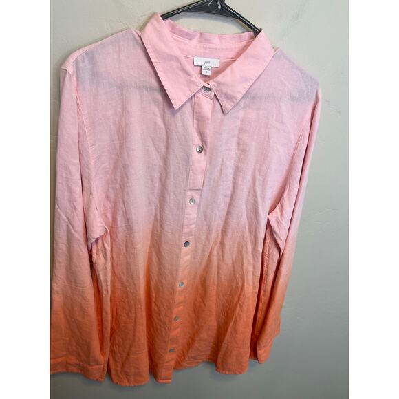 J. Jill Light Pink Collared Long Sleeve Ombre Tie Dye Linen Blend Blouse Size L - Picture 3 of 10